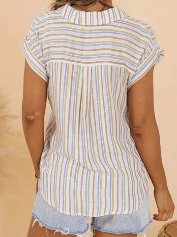 Women's Vertical Striped Notched Collar Summer Shirt