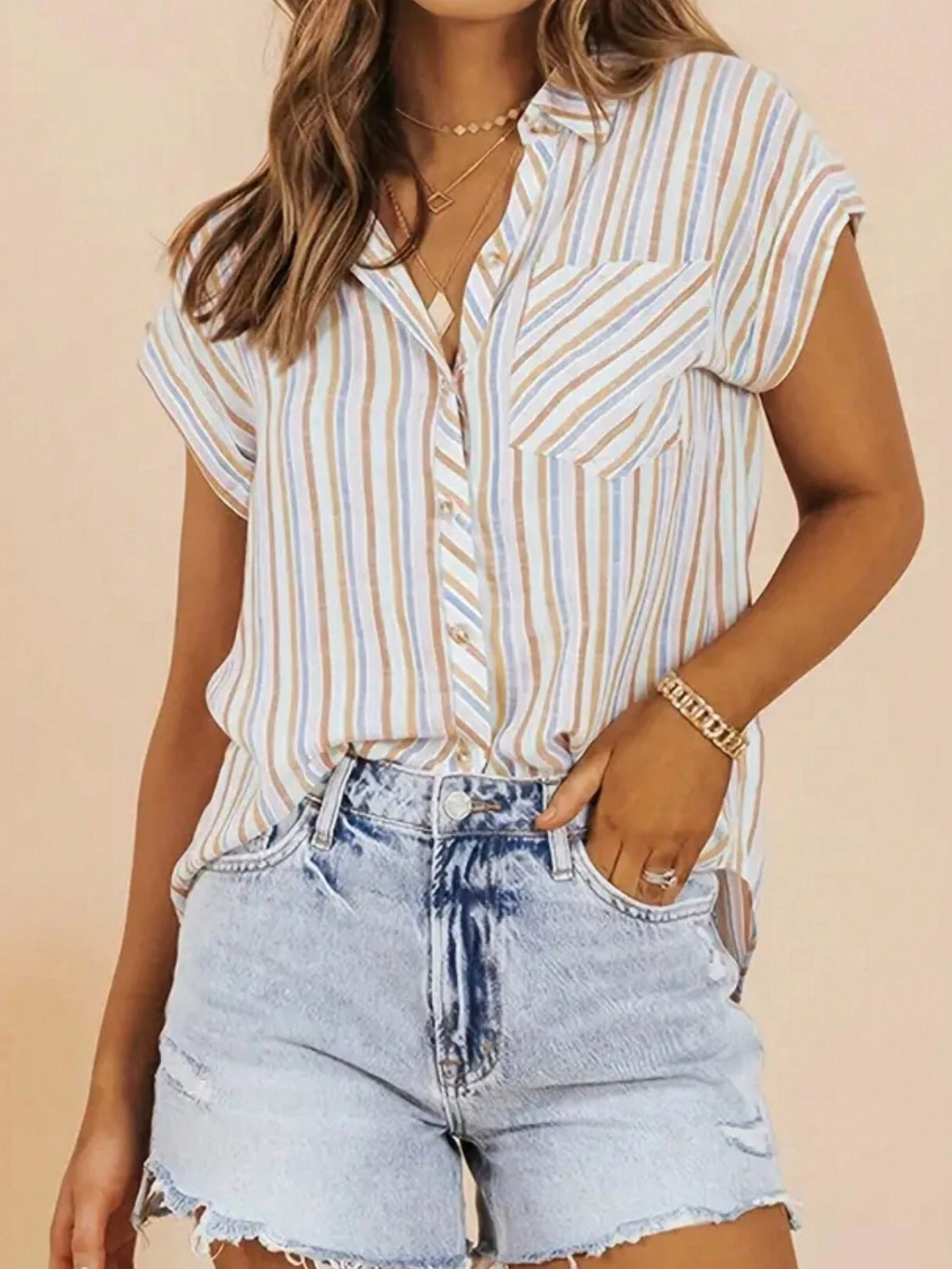 Women's Vertical Striped Notched Collar Summer Shirt