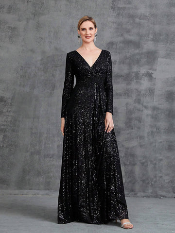 Women's Waist Bead Trim Surplice Neck Long Sleeve Sequin Party Dress