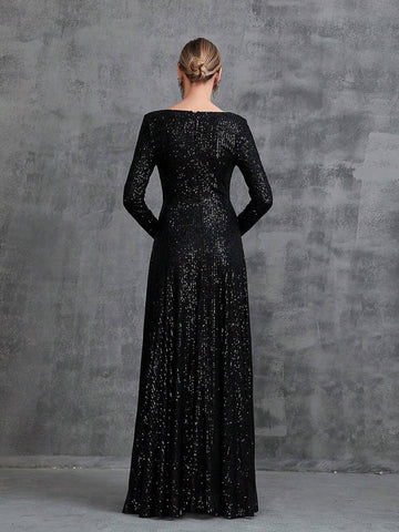 Women's Waist Bead Trim Surplice Neck Long Sleeve Sequin Party Dress