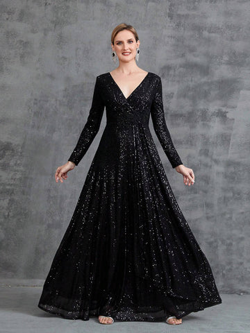 Women's Waist Bead Trim Surplice Neck Long Sleeve Sequin Party Dress