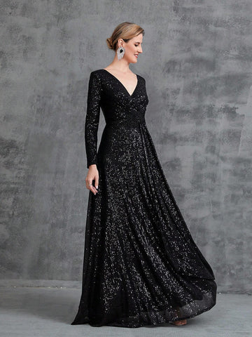 Women's Waist Bead Trim Surplice Neck Long Sleeve Sequin Party Dress