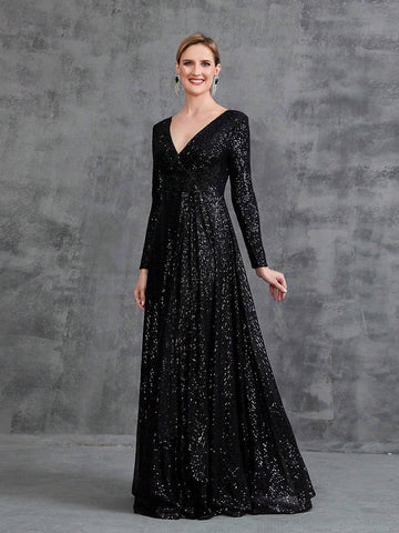 Women's Waist Bead Trim Surplice Neck Long Sleeve Sequin Party Dress
