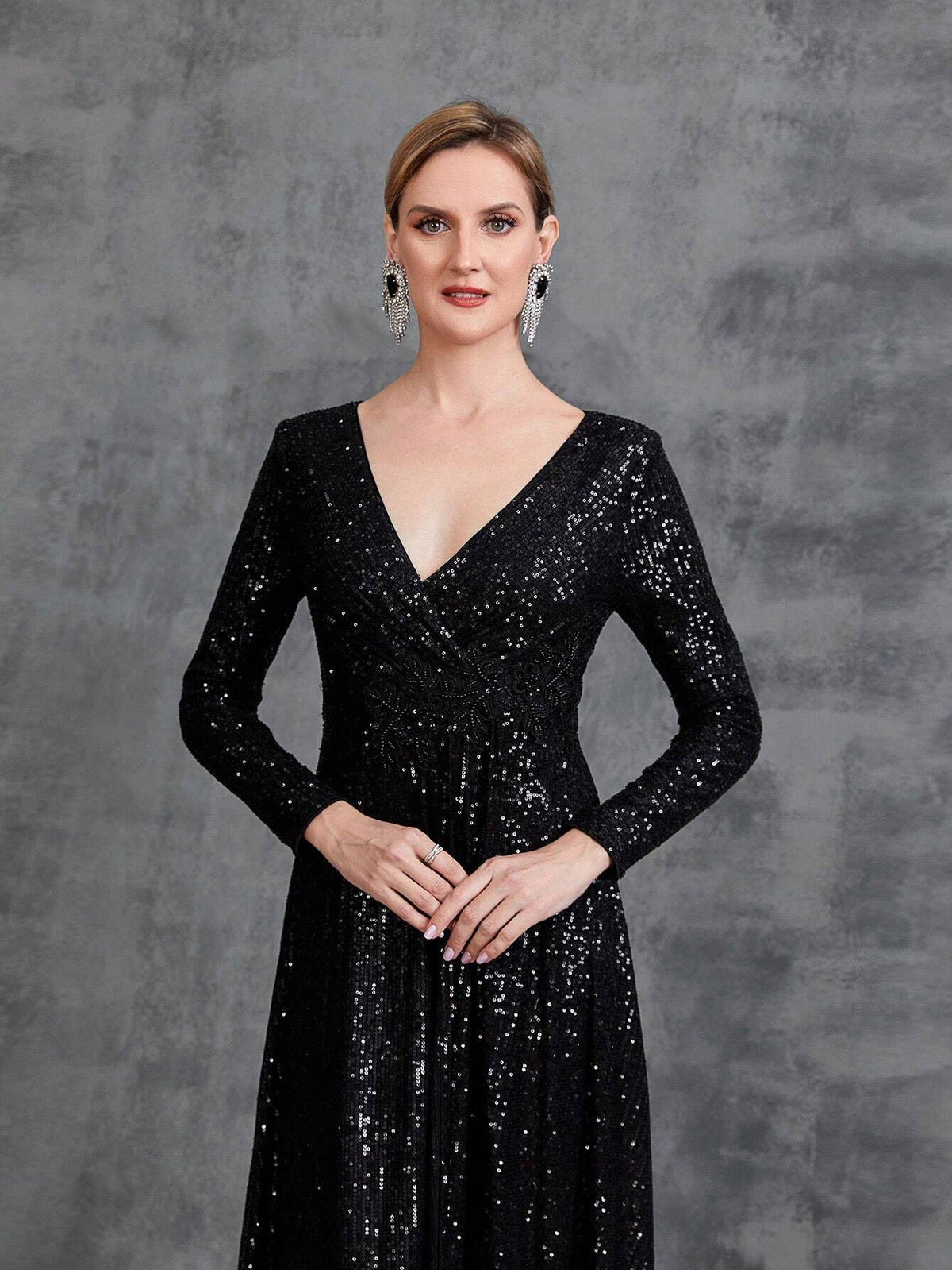 Women's Waist Bead Trim Surplice Neck Long Sleeve Sequin Party Dress