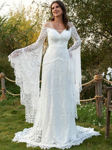 Women's Wedding Dresses Boho For Bride With Long Sleeves Plus Size Lace Beach Bridal Gowns Bohemian Wedding Gowns