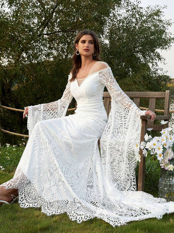 Women's Wedding Dresses Boho For Bride With Long Sleeves Plus Size Lace Beach Bridal Gowns Bohemian Wedding Gowns