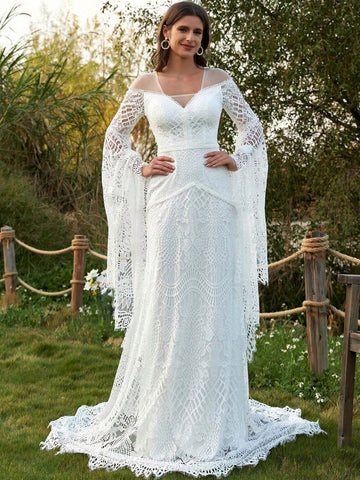 Women's Wedding Dresses Boho For Bride With Long Sleeves Plus Size Lace Beach Bridal Gowns Bohemian Wedding Gowns