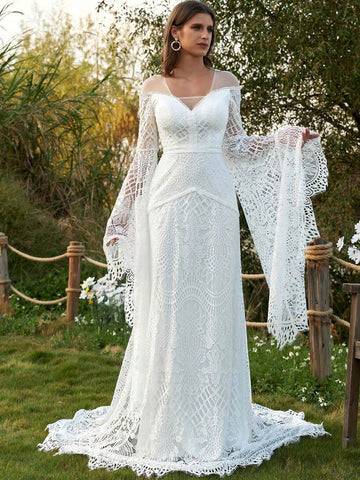 Women's Wedding Dresses Boho For Bride With Long Sleeves Plus Size Lace Beach Bridal Gowns Bohemian Wedding Gowns