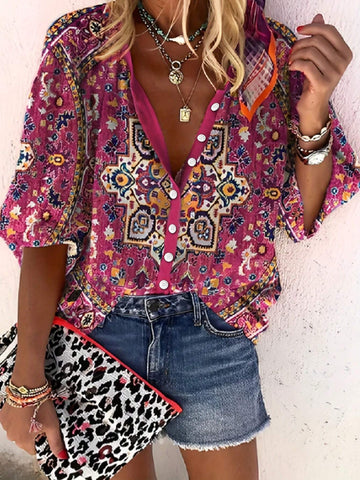 Women's Western Geometric Printed 3/4 Sleeve Shirt