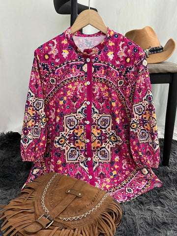 Women's Western Geometric Printed 3/4 Sleeve Shirt