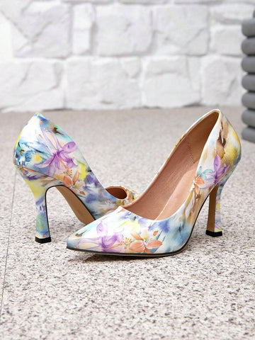 Women's White Floral Print Heels, Elegant And Casual Mules, Comfortable