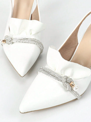 Women's White High Heels, Pointed Toes, Versatile, Simple And Elegant Soft Leather Stilettos, Featuring Pearl