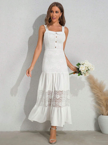 Women's White Lace Applique Spaghetti Strap Bodycon Wedding Dress With Button Detailing