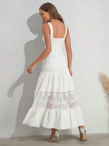 Women's White Lace Applique Spaghetti Strap Bodycon Wedding Dress With Button Detailing