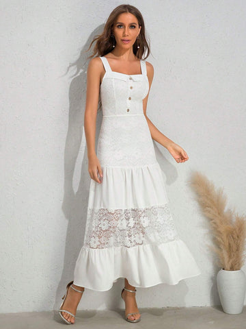 Women's White Lace Applique Spaghetti Strap Bodycon Wedding Dress With Button Detailing