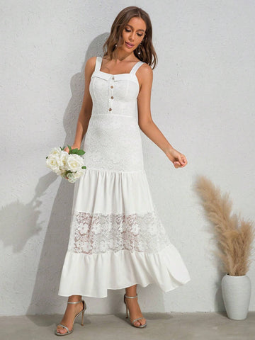 Women's White Lace Applique Spaghetti Strap Bodycon Wedding Dress With Button Detailing
