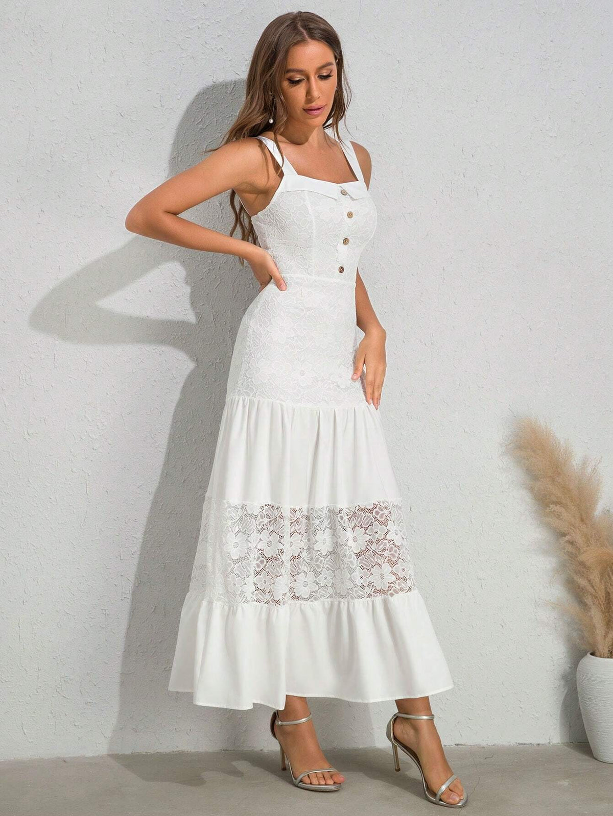 Women's White Lace Applique Spaghetti Strap Bodycon Wedding Dress With Button Detailing