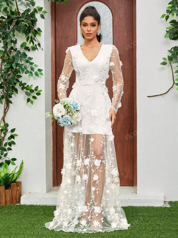 Women's White Long Sleeve Tulle Bridal Wedding Dress Flower Embroidered Lace Long V Neck Formal Dress