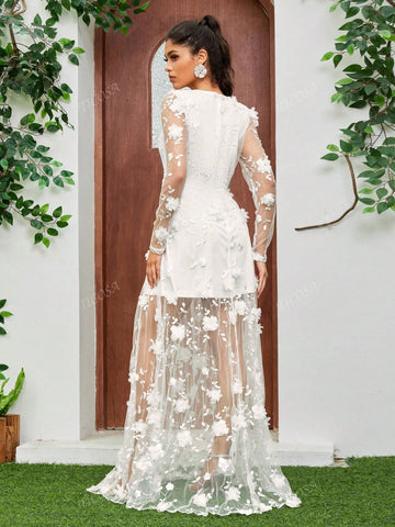 Women's White Long Sleeve Tulle Bridal Wedding Dress Flower Embroidered Lace Long V Neck Formal Dress