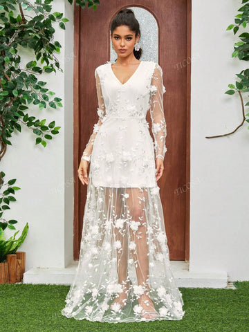 Women's White Long Sleeve Tulle Bridal Wedding Dress Flower Embroidered Lace Long V Neck Formal Dress