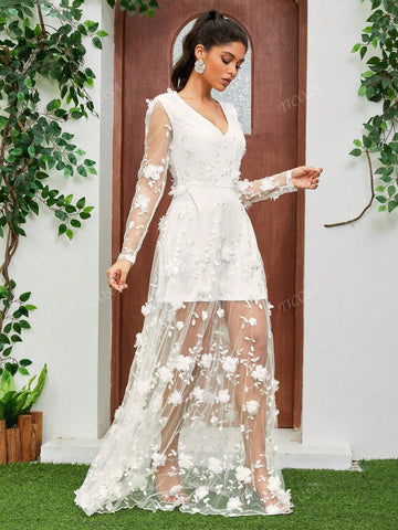 Women's White Long Sleeve Tulle Bridal Wedding Dress Flower Embroidered Lace Long V Neck Formal Dress