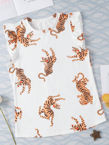 Women's White Tiger Print Ruffle Flutter Sleeveless Blouse