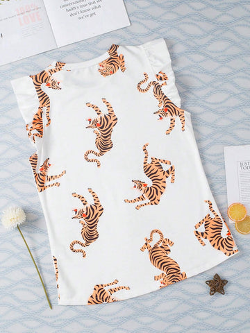 Women's White Tiger Print Ruffle Flutter Sleeveless Blouse