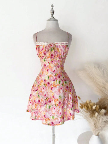 Women's Woven Rose Print Lace Drawstring Ruched Bust Halter Bow Romantic Sexy Valentine's Day Dress