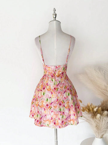 Women's Woven Rose Print Lace Drawstring Ruched Bust Halter Bow Romantic Sexy Valentine's Day Dress