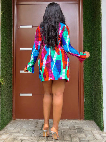 Women's Wrap Dress, Short Knitted Dress With Colorful Prints, Suitable For Outdoor, Vacation