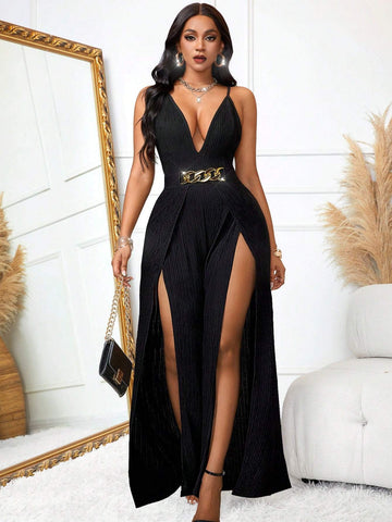 Women's Y2K Sexy Slit Vintage Summer Metal Belt Wide-Leg Romper With Clustered Waist