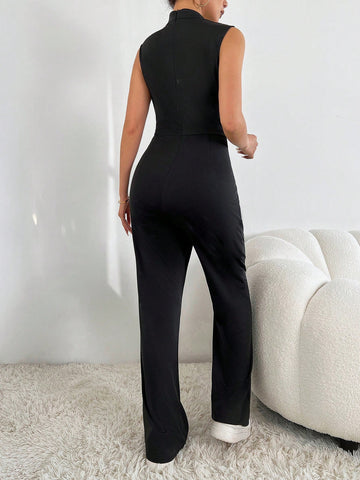 Women's Zipper Half Placket Flared Jumpsuit
