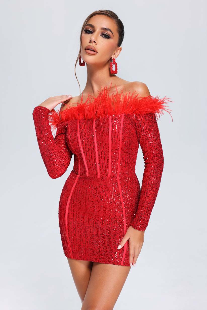 Wooh Feather Sequin Mini Dress