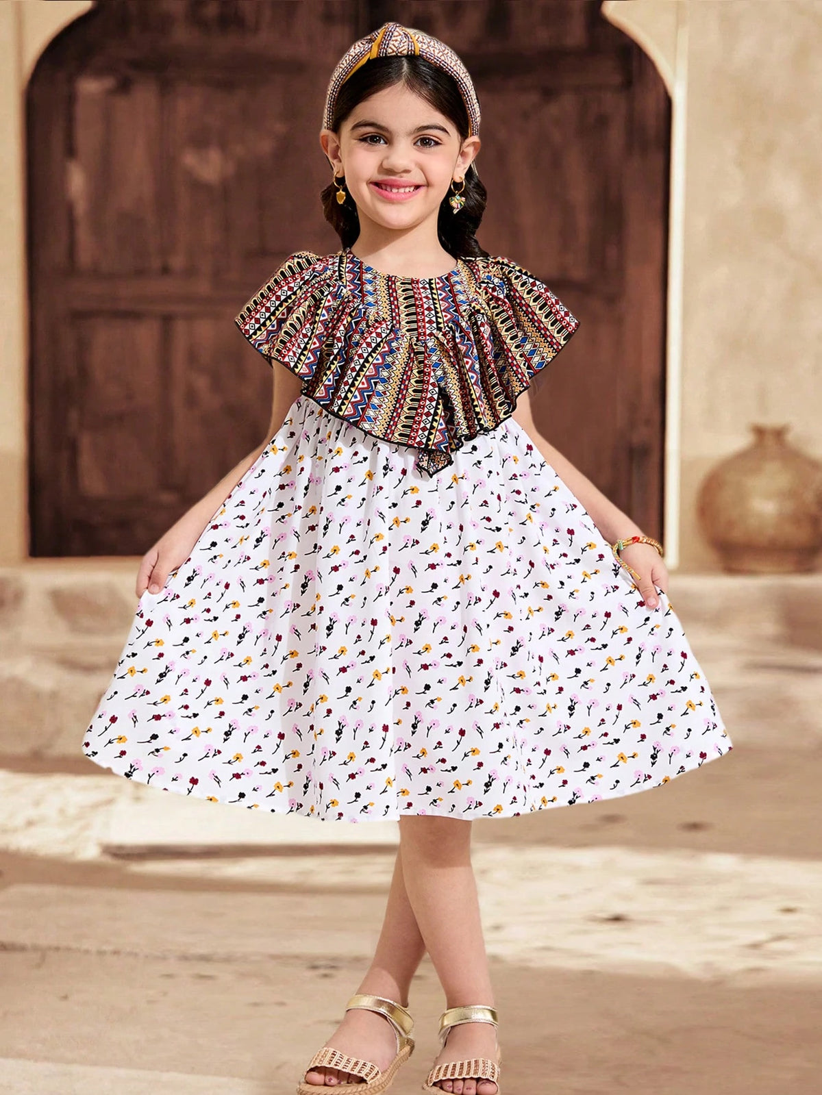 Woven Geometric Pattern Ruffle Hem Casual Dress For Young Girl