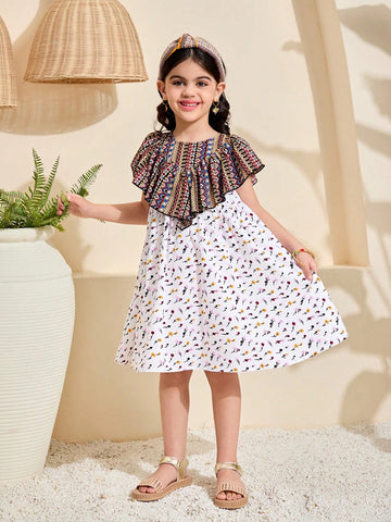 Woven Geometric Pattern Ruffle Hem Casual Dress For Young Girl