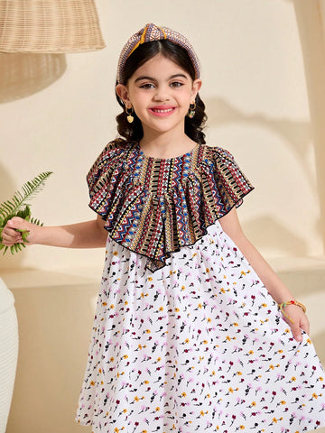 Woven Geometric Pattern Ruffle Hem Casual Dress For Young Girl