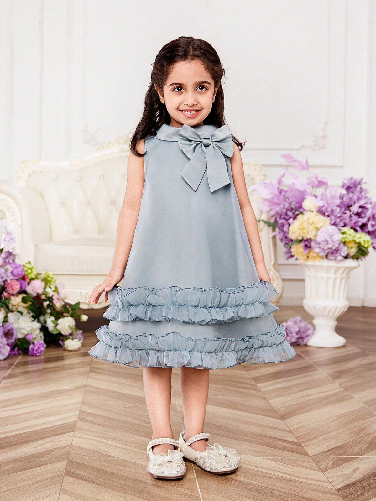 Woven Net Sheer Solid Color Stand Collar Loose Casual Dress For Young Girls