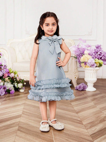 Woven Net Sheer Solid Color Stand Collar Loose Casual Dress For Young Girls