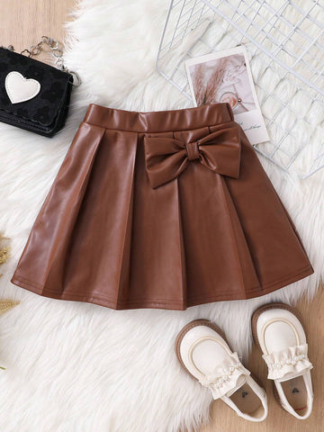 Woven PU Leather Butterfly Decor Casual Mini Skirt For Young Girls
