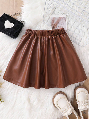 Woven PU Leather Butterfly Decor Casual Mini Skirt For Young Girls