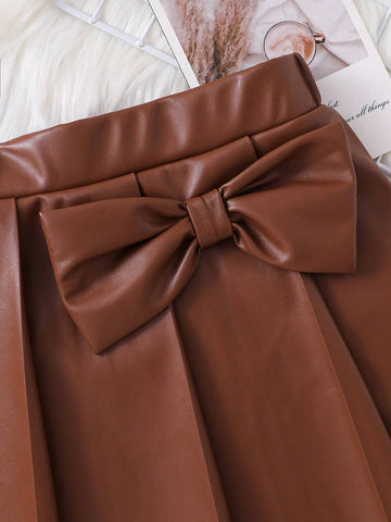 Woven PU Leather Butterfly Decor Casual Mini Skirt For Young Girls