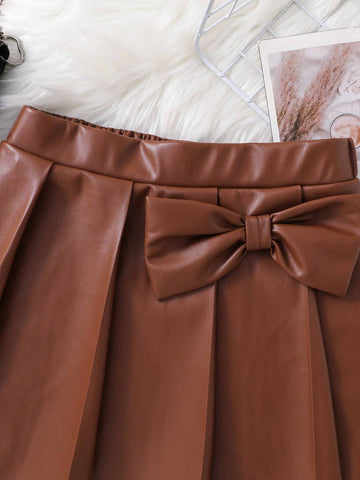 Woven PU Leather Butterfly Decor Casual Mini Skirt For Young Girls
