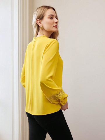 Woven Women's Solid Color Simple Everyday Contrast Lace Long Sleeve Blouse