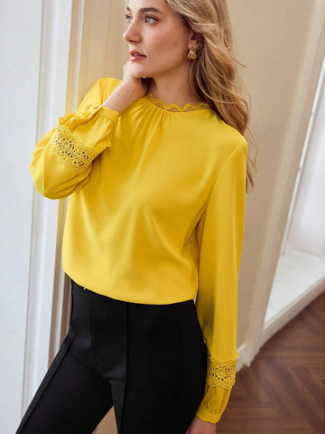 Woven Women's Solid Color Simple Everyday Contrast Lace Long Sleeve Blouse