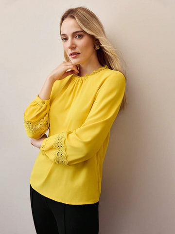 Woven Women's Solid Color Simple Everyday Contrast Lace Long Sleeve Blouse
