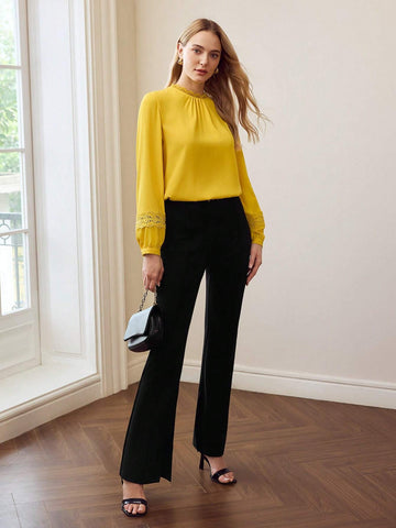 Woven Women's Solid Color Simple Everyday Contrast Lace Long Sleeve Blouse