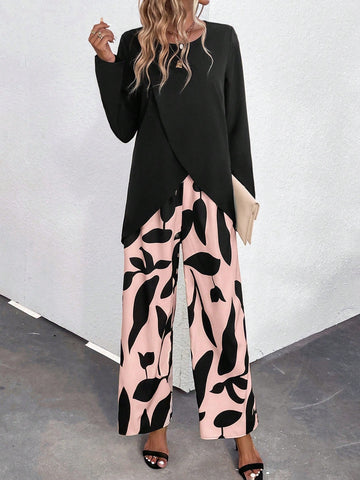 Wrap Hem Top & Leaf Print Wide Leg Pants