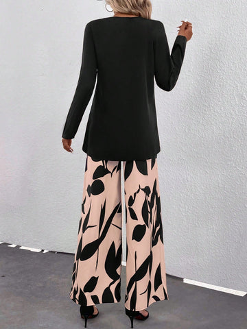 Wrap Hem Top & Leaf Print Wide Leg Pants