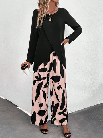 Wrap Hem Top & Leaf Print Wide Leg Pants