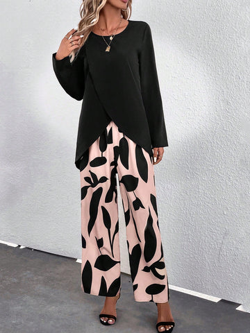 Wrap Hem Top & Leaf Print Wide Leg Pants